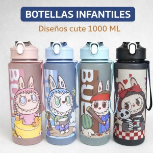 Botella infantil de 1000 ml con popote, diseños cute y correa de transporte. Ideal para escuela, uso diario Por mayoreo 883568