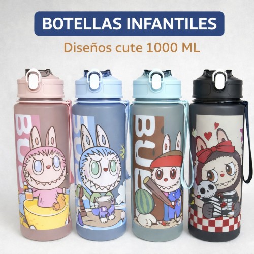Botella infantil de 1000 ml con popote, diseños cute y correa de transporte. Ideal para escuela, uso diario Por mayoreo 883568