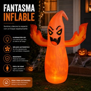 Inflable fantasma con brazos de fuego y luces LED – Decoración aterradora para Halloween – Resistente y fácil de instalar- Por Mayoreo 
