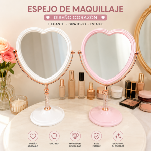 Espejo de maquillaje en forma de corazón, ideal para tocador, recámara, baño o mesa de belleza- por mayoreo 