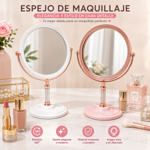 Espejo de maquillaje giratorio con base, ideal para tocador, recámara, baño o rutina diaria de belleza- por mayoreo 