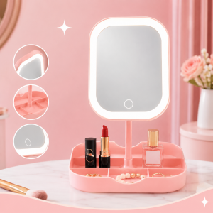 Espejo LED de maquillaje con organizador integrado, ideal para tocador, recámara. Cuenta con luz integrada, botón táctil, base con compartimentos para cosméticos- por mayoreo 