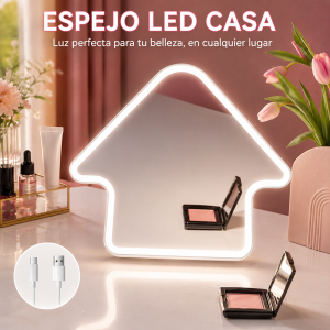 Espejo LED con diseño de casa, ideal para maquillaje. Con luz integrada, control táctil- Por mayoreo 