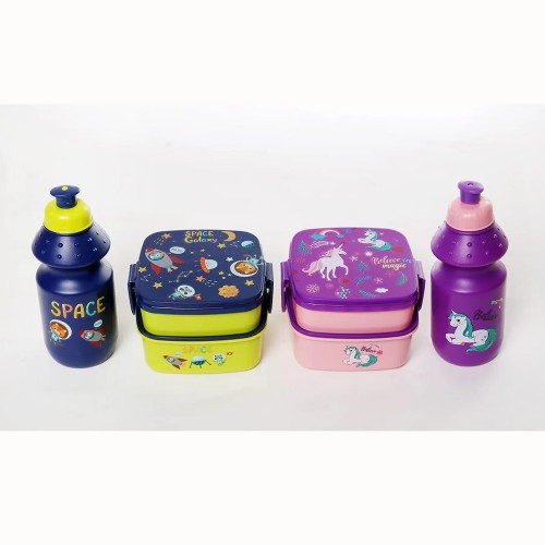 Set de 2pz, Tuppers y Botella, Set de 2pz tuppers y botella de Niño y Niña, Diferentes Diseños de Novedad y Colores, MAYOREO.