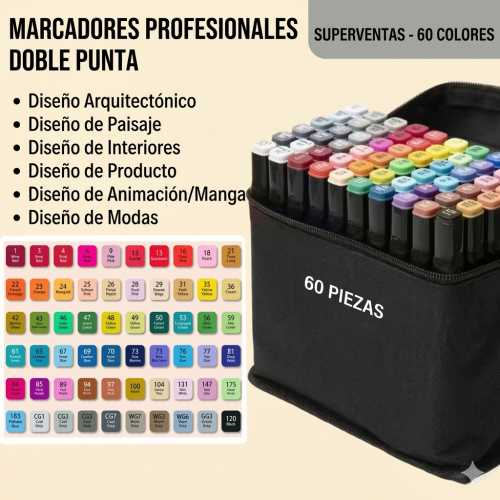 Set Plumones 60  Piezas Estuche Marcadores Doble Punta  Dibujo con base de la pluma B120