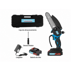 Mini motosierra inalámbrica con batería de litio, cargador y maletín para podar y cortar madera fácilmente- por mayoreo