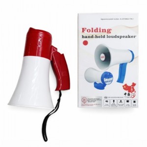 Megáfono portátil plegable con micrófono y función de sirena. Diseño compacto, ligero y potente ideal para eventos o seguridad- Por Mayoreo BS-138