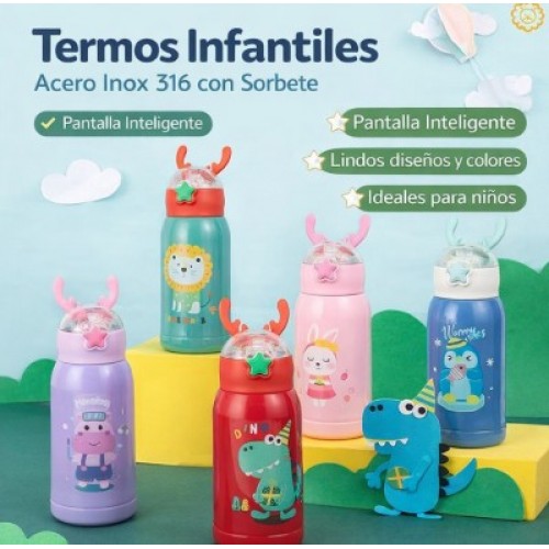 Vaso termo infantil de 500 ml con pantalla digital, diseño para niños, ideal para mantener bebidas calientes o frías por más tiempo. Venta por mayoreo BZ824