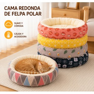 Cama redonda, cálida y acolchada para gatos y mascotas pequeñas, con bordes suaves- Por mayoreo 