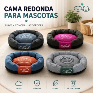 Cama redonda acolchada para perros pequeños y gatos. Suave, cómoda y ligera. Por mayoreo.
