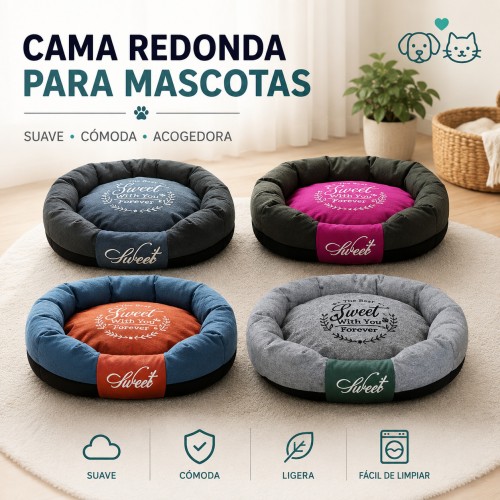 Cama redonda acolchada para perros pequeños y gatos. Suave, cómoda y ligera. Por mayoreo.
