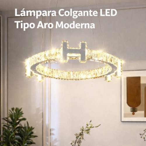 Lámpara colgante LED tipo aro con diseño moderno y elegante. Ideal para sala, comedor, recibidor o espacios. Por Mayoreo D-21919