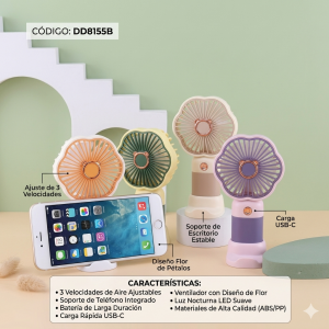 Mini ventilador portátil recargable con diseño de flor de pétalos, ideal para escritorio, oficina, recámara-  Por Mayoreo DD8155B
