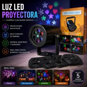 Luz LED proyectora con diseños intercambiables, ideal para fiestas, eventos y decoración de ambientes- Por mayoreo 
