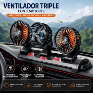 Ventilador triple para auto con 3 cabezales, diseñado para brindar mayor frescura dentro del vehículo-  Por mayoreo 