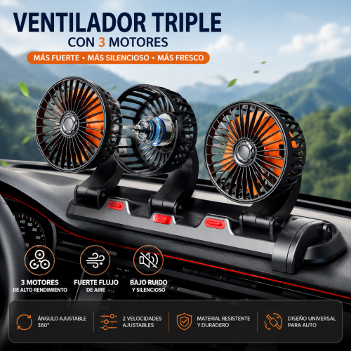 Ventilador triple para auto con 3 cabezales, diseñado para brindar mayor frescura dentro del vehículo- Por mayoreo Ventilador triple para auto con 3 cabezales, diseñado para brindar mayor frescura dentro del vehículo- Por mayoreo