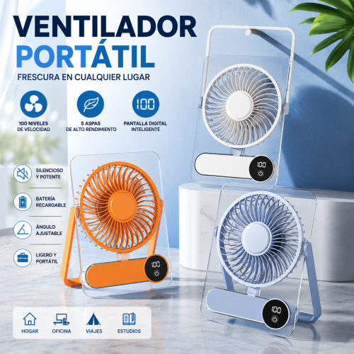 Ventilador portátil recargable con pantalla digital, diseño moderno y ligero, ideal para hogar, oficina, viajes, estudios y uso personal Por mayoreo 