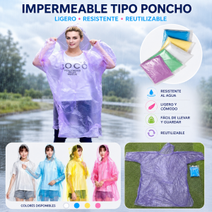 Impermeable tipo poncho transparente unisex con capucha, diseñado para brindar protección contra la lluvia sin perder estilo- Por mayoreo