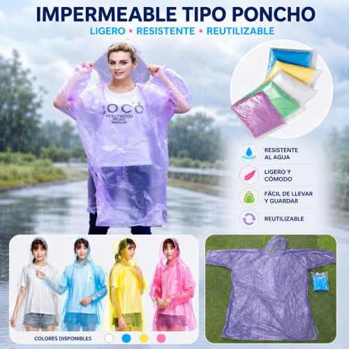 Impermeable tipo poncho transparente unisex con capucha, diseñado para brindar protección contra la lluvia sin perder estilo- Por mayoreo
