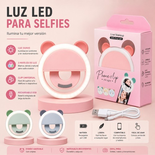 Mini aro de luz LED de relleno para celular 84mm con 3 intensidades de luz, cable USB de carga LED444