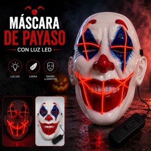 Máscara de payaso con luz LED para Halloween, diseño terrorífico y llamativo, ideal para disfraces- Por mayoreo 