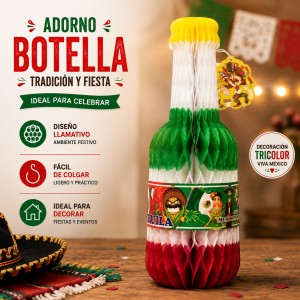 Adorno decorativo en forma de botella tricolor, ideal para fiestas mexicanas, eventos patrios, celebraciones temáticas y decoración- Por mayoreo 