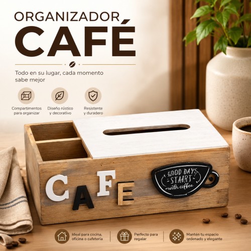Organizador de café de madera con compartimentos para sobres de azúcar- por Mayoreo