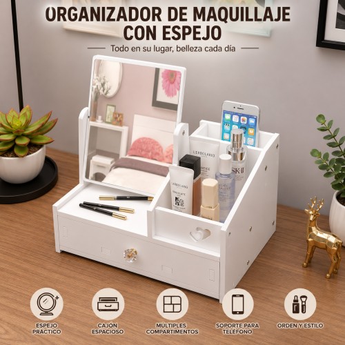 Organizador de maquillaje con espejo, cajón y compartimentos para mantener tu tocador ordenado- Por Mayoreo 
