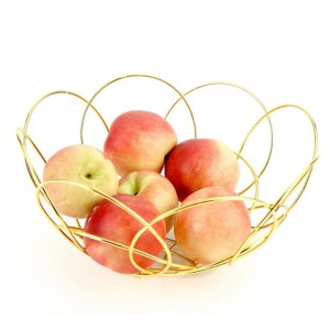 Cesta frutera decorativa de metal dorado con diseño moderno. Ideal para frutas, mesa y cocina. Por mayoreo P-12003