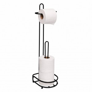 Porta papel higiénico de piso fabricado en metal resistente con diseño moderno y funcional. Por mayoreo P-12007