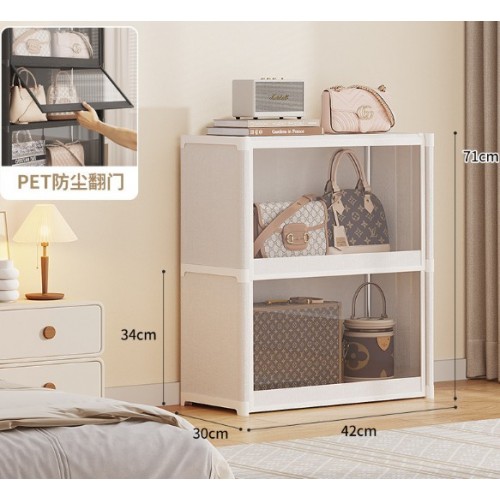 Organizador modular negro de 3 niveles con puerta abatible antipolvo PET transparente, ideal para proteger bolsos, accesorios, ropa o calzado del polvo y la humedad.  de 42cm. Por Mayoreo P-12167