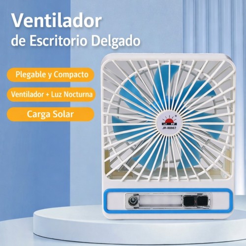 Ventilador Recargable con Luz Solar y Carga USB, Ventilador Recargable, Diferentes Colores, MAYOREO. 