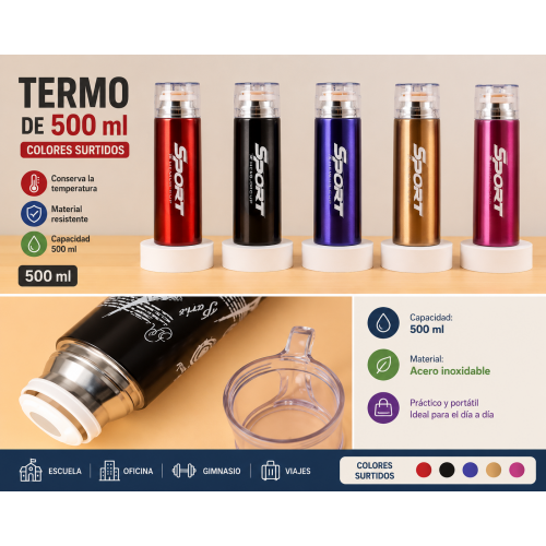 Termo de 500 ml con diseño práctico y moderno, ideal para llevar agua, café, té u otras bebidas durante el día- Por mayoreo Termo de 500 ml con diseño práctico y moderno, ideal para llevar agua, café, té u otras bebidas durante el día- Por mayoreo