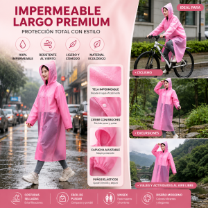 Impermeable largo diseñado para brindar máxima protección contra la lluvia sin perder el estilo. Diseño moderno unisex, cómodo y fácil de transportar. Por mayoreo 