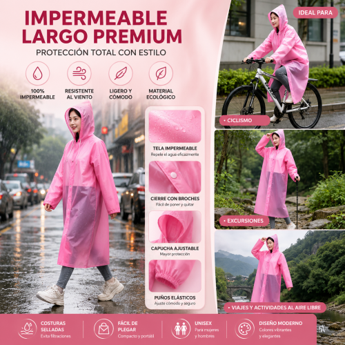 Impermeable largo diseñado para brindar máxima protección contra la lluvia sin perder el estilo. Diseño moderno unisex, cómodo y fácil de transportar. Por mayoreo 