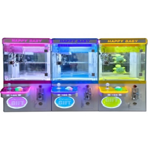 Máquina tragamonedas tipo garra mini “Happy Baby” con luces LED multicolor, ideal para negocios, tiendas, eventos y entretenimiento familiar, compatible con peluches y premios pequeños, Mayoreo W-FWWJ2888