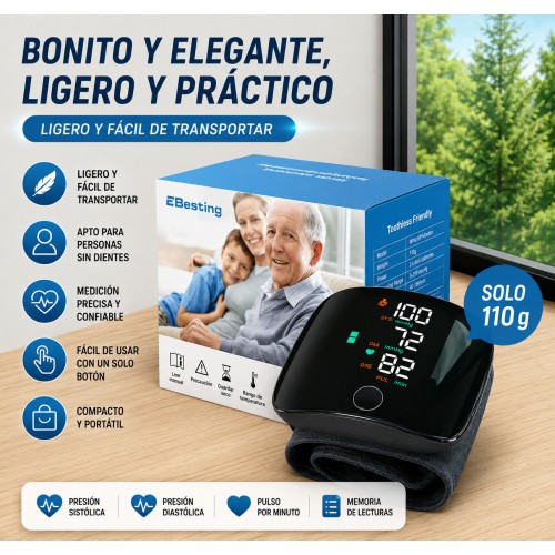 Monitor digital de presión arterial para muñeca con pantalla LED, cable de carga, manual- Por mayoreo 