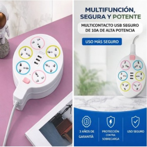 Multicontacto eléctrico con múltiples tomas universales y puertos USB integrados. Por Mayoreo  W-JPC510