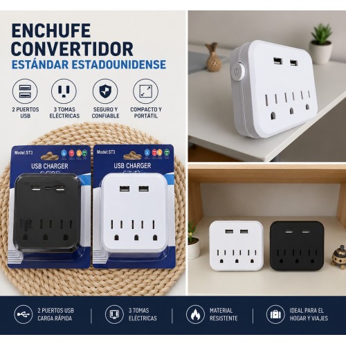 Adaptador convertidor de enchufe estándar americano con entradas múltiples y puertos USB- Por mayoreo 