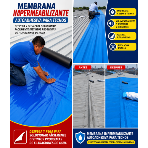 Membrana impermeable autoadhesiva  de 1 m x 5 m, ideal para renovar techos, reparar filtraciones y proteger superficies- Por mayoreo 