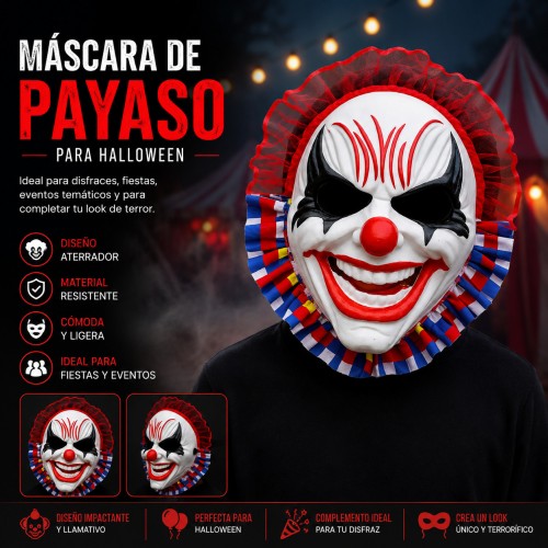 Máscara de Payaso Terror para  Halloween ideal para disfraces – Por Mayoreo 