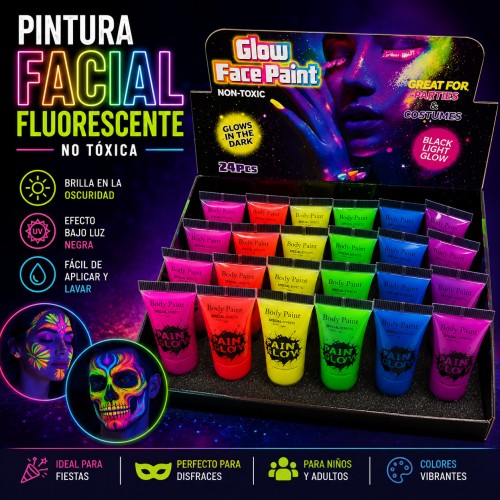 Pintura corporal y facial que brilla en la oscuridad, pintura corporal UV de neón para luz negra, maquillaje facial y corporal fluorescente lavable para maquillaje. Por mayoreo 