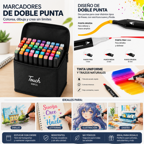 Marcadores de doble punta con colores intensos y estuche organizador, ideales para dibujo de  60 piezas- Por mayoreo 