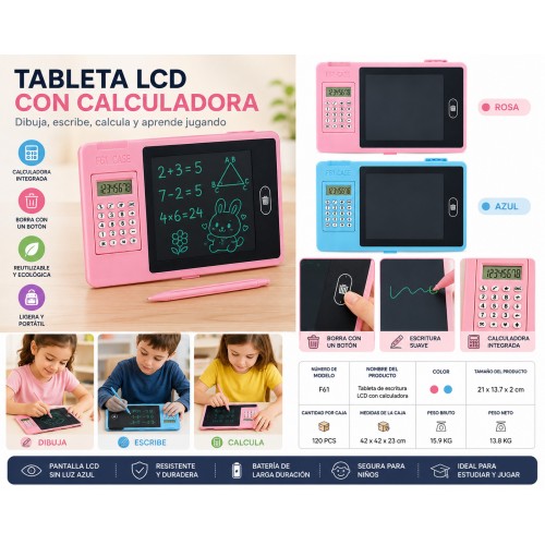 Tableta LCD reutilizable con calculadora integrada, ideal para dibujar, escribir y practicar matemáticas- por mayoreo 