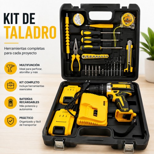 Taladro inalámbrico profesional con batería recargable y kit de herramientas – Maletín completo con brocas, destornilladores, pinzas y accesorios para hogar o taller- Por Mayoreo 