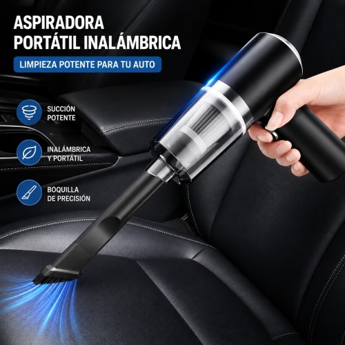 Mini aspiradora portátil recargable con potente succión, ideal para limpieza de autos, escritorios y espacios pequeños. Incluye accesorios. Venta por mayoreo
