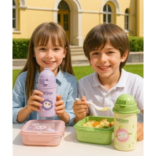 Set de lonchera infantil cuadrada con termo y cubiertos incluidos, diseño kawaii de caricatura, colores surtidos (verde, rosa, morado y beige), hermético, portátil y reutilizable, ideal para escuela, guardería y picnic, Mayoreo YD035