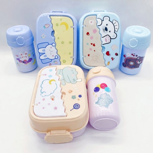 Set de lonchera infantil con termo y cubiertos incluidos, diseño kawaii de osito y conejito, colores surtidos en azul, amarillo y pastel, hermético y reutilizable, ideal para escuela, guardería, Mayoreo YD080 Set de lonchera infantil con termo y cubiertos incluidos, diseño kawaii de osito y conejito, colores surtidos en azul, amarillo y pastel, hermético y reutilizable, ideal para escuela, guardería, Mayoreo YD080
