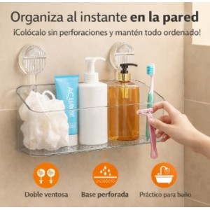 Caja organizadora de pared con diseño transparente y sistema de fijación con doble ventosa. Ideal para colocar artículos de baño- Por Mayoreo ZE-2339