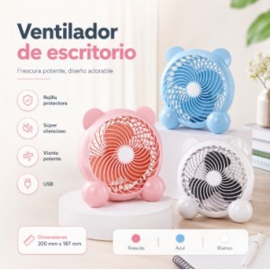 Ventilador de escritorio USB con diseño de oso, ideal para mantener frescura en escritorio, mesa de noche, oficina, recámara o espacios personales- Por Mayoreo ZFM-0085